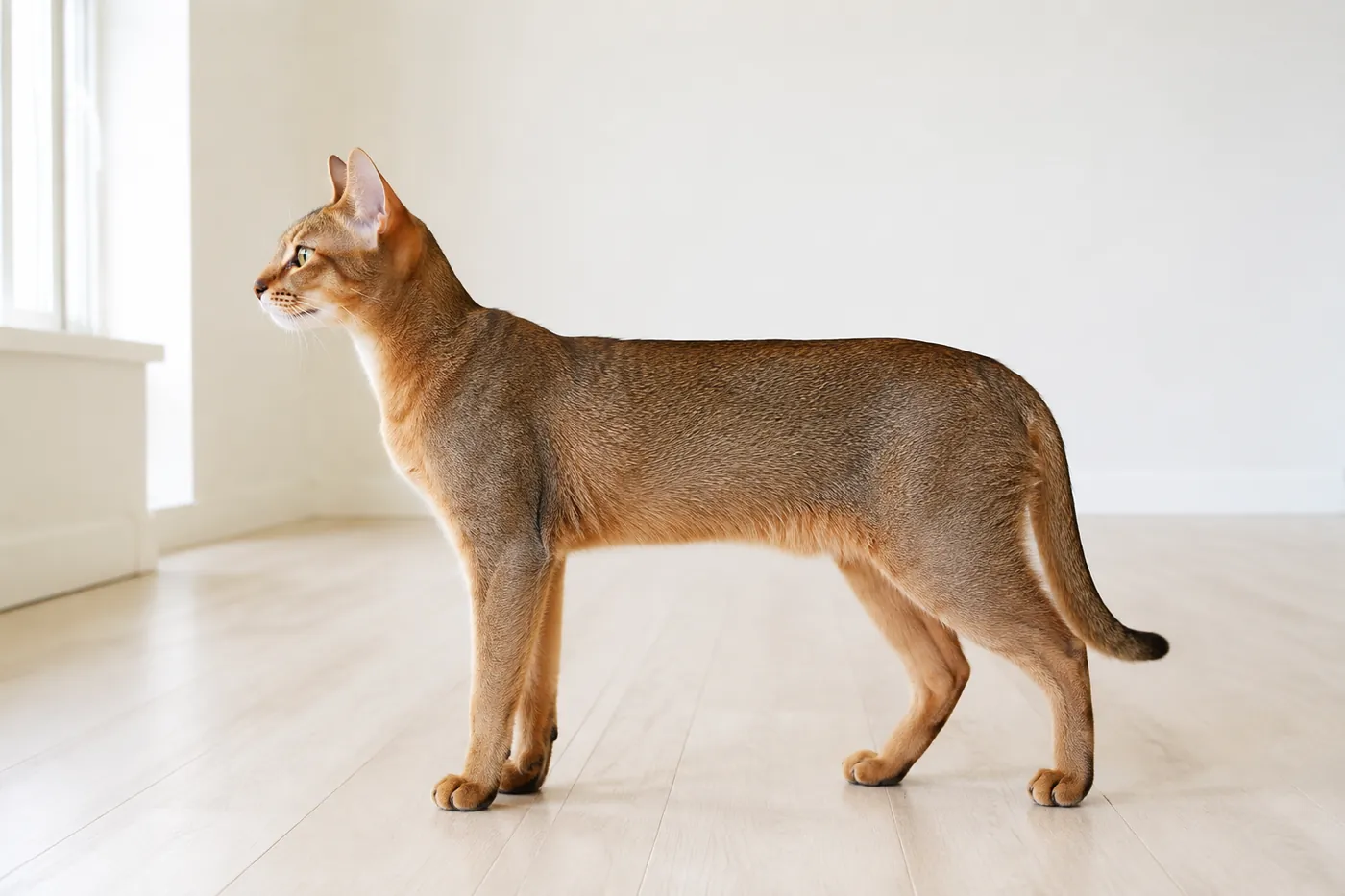 A ticked cat standing at full length in profile on a bare pale floor