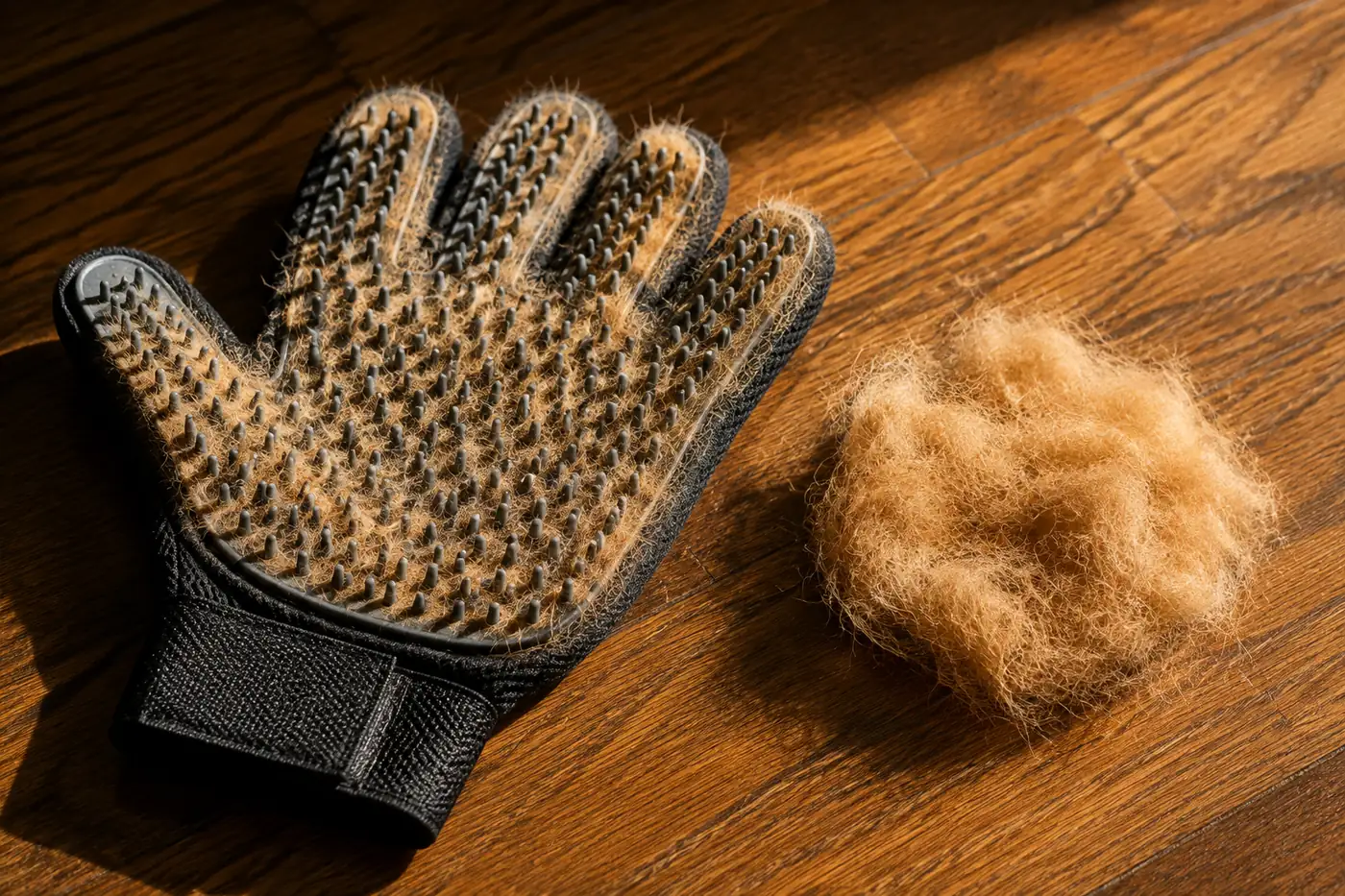 A rubber grooming glove lying on a wooden floor with a small pad of lifted ginger hair beside it