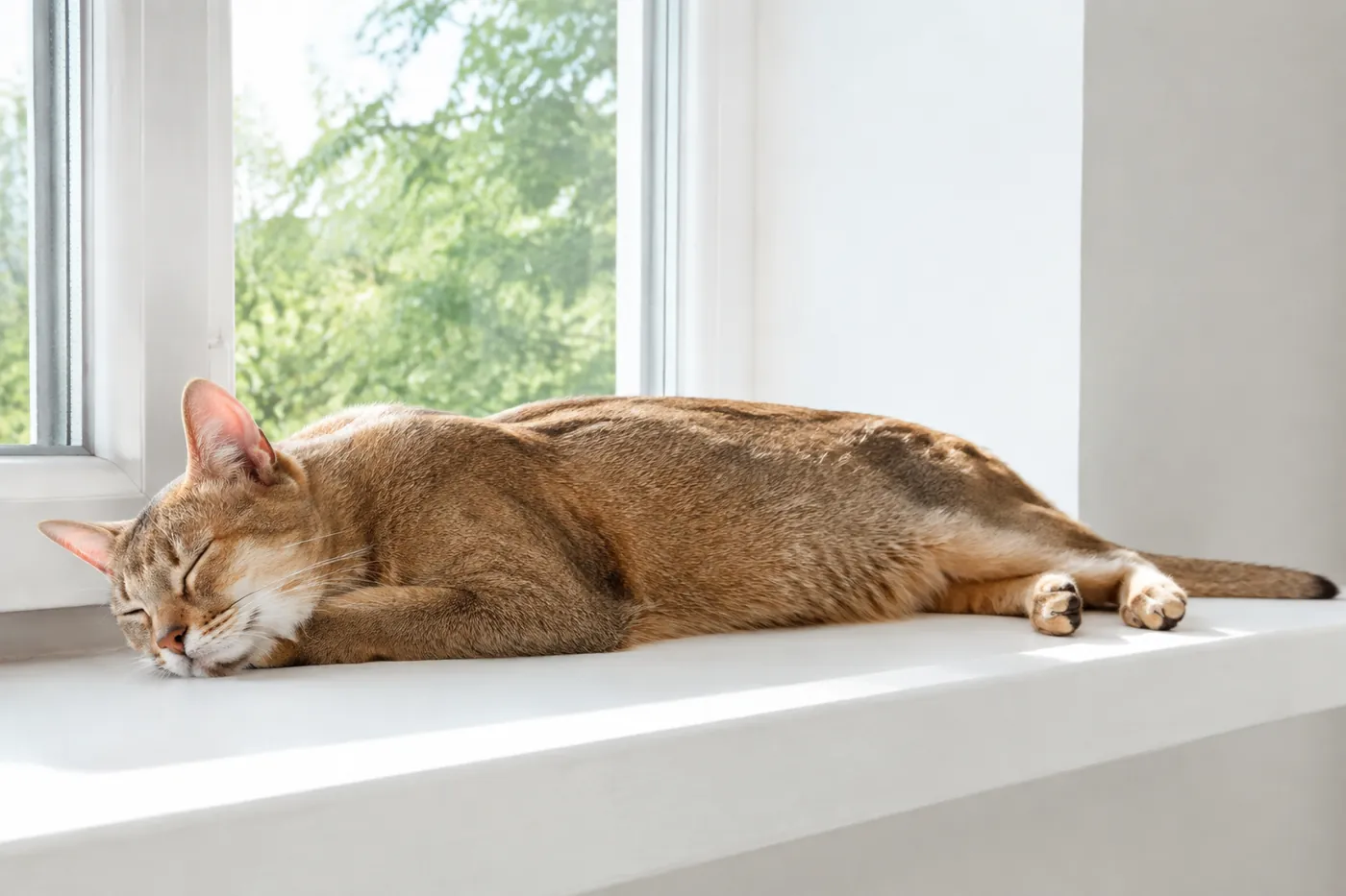 An elderly ticked cat lying in sunlight on a windowsill with a slightly bony back
