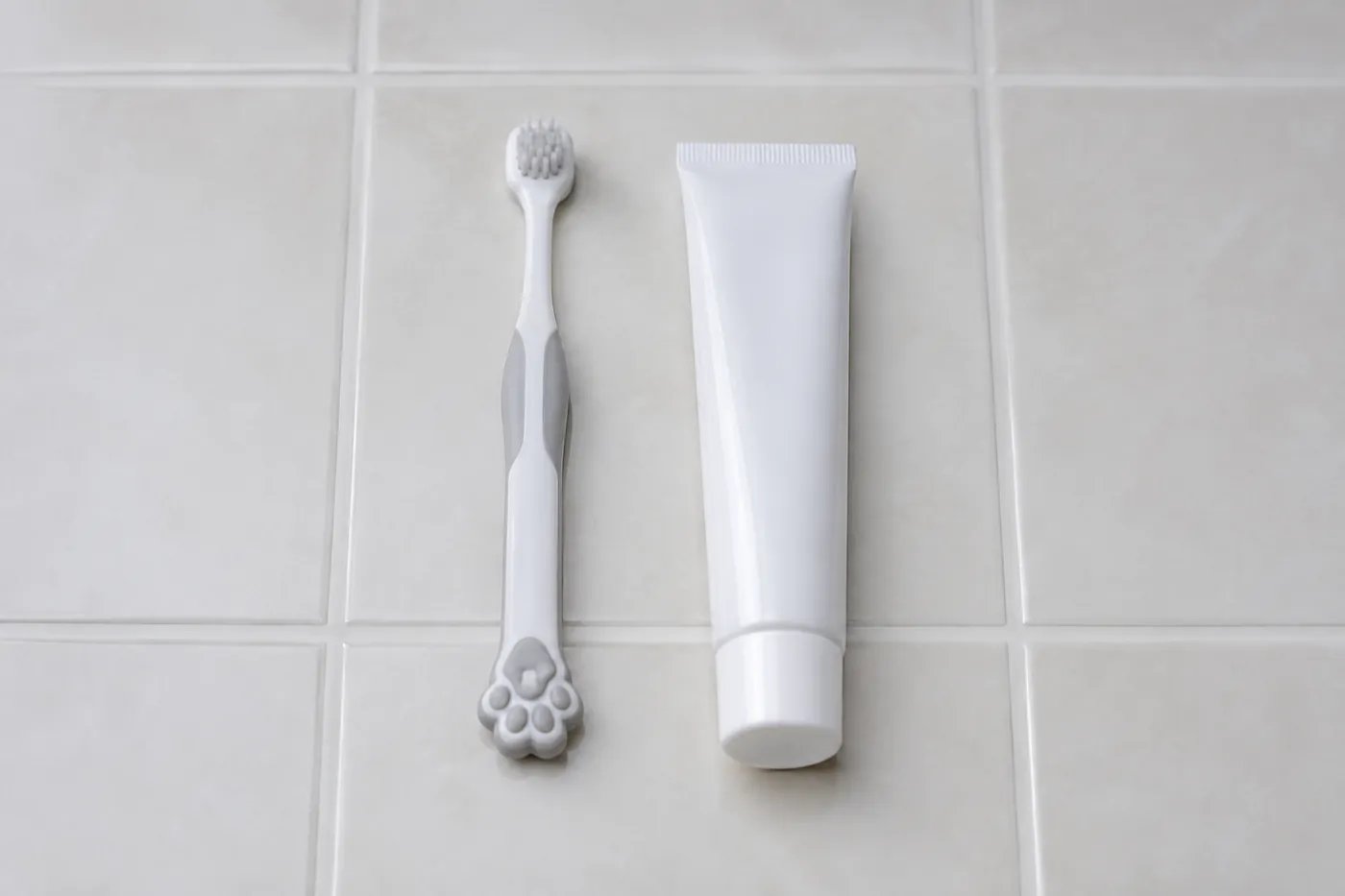 A small cat toothbrush and a tube of pet toothpaste on a clean tiled surface