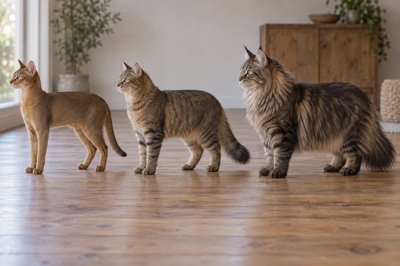 Three cats in side profile, ranging from a small short-coated ruddy cat to a large long-coated brown tabby with ear tufts