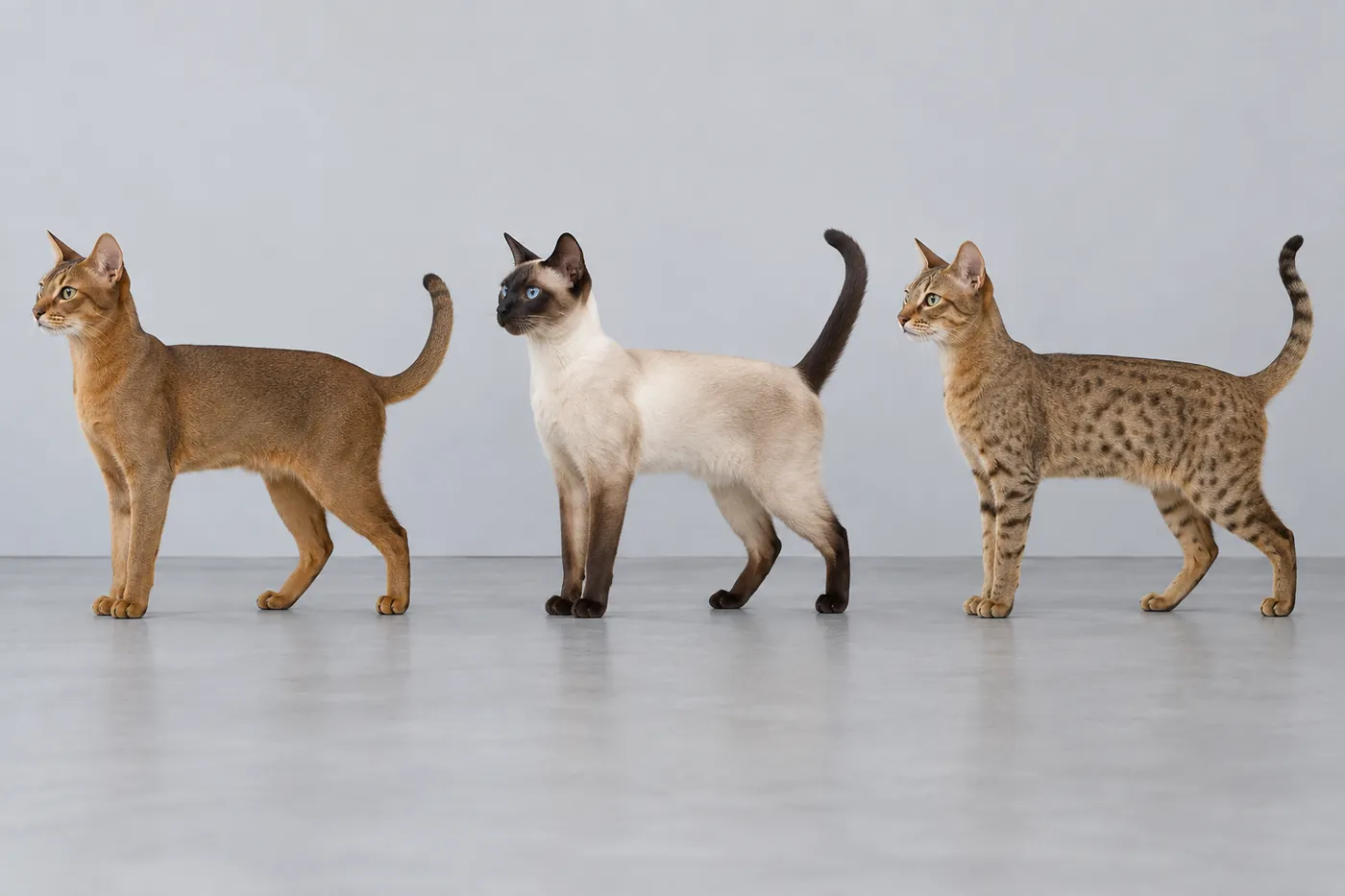 Three lean short-coated cats in side profile, one ruddy and ticked, one pale with dark points, one ticked with faint spots