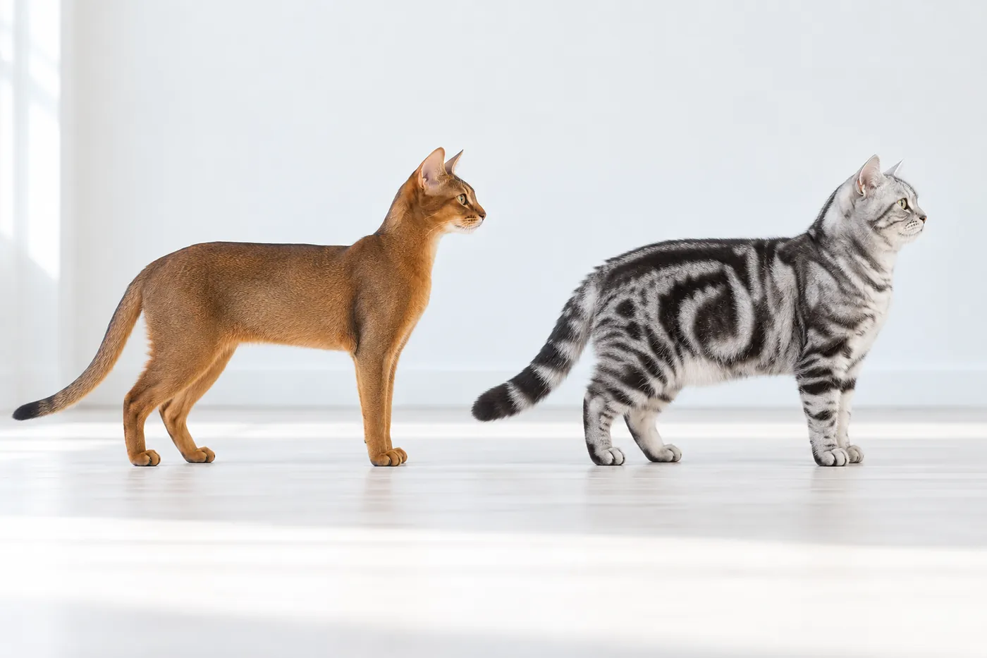 A ruddy Abyssinian and a silver tabby American Shorthair standing in side profile on the same baseline