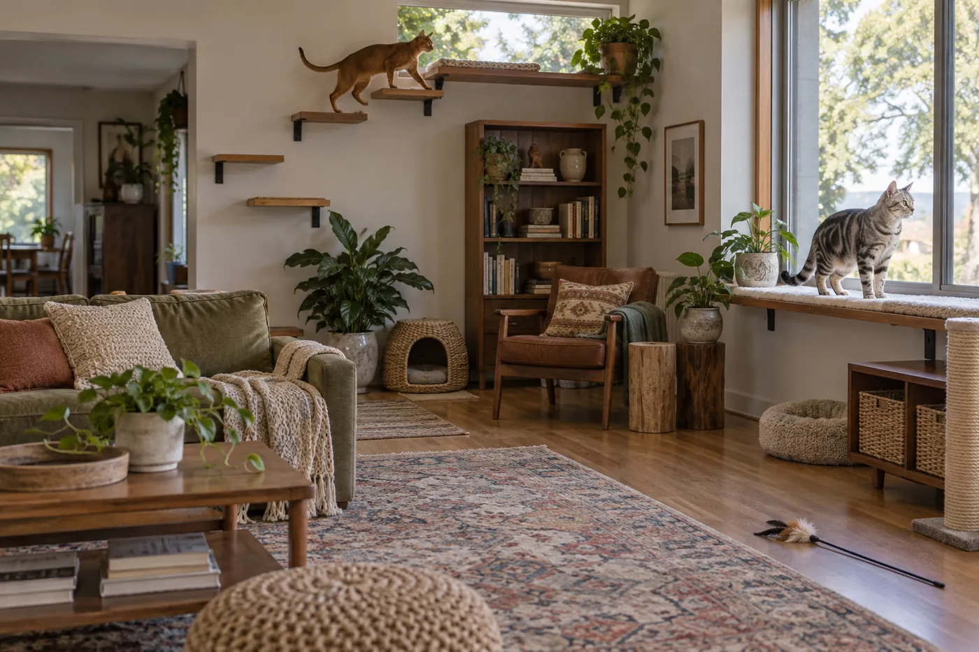 An Abyssinian on high wall platforms and an American Shorthair on a broad lower perch in one safe room