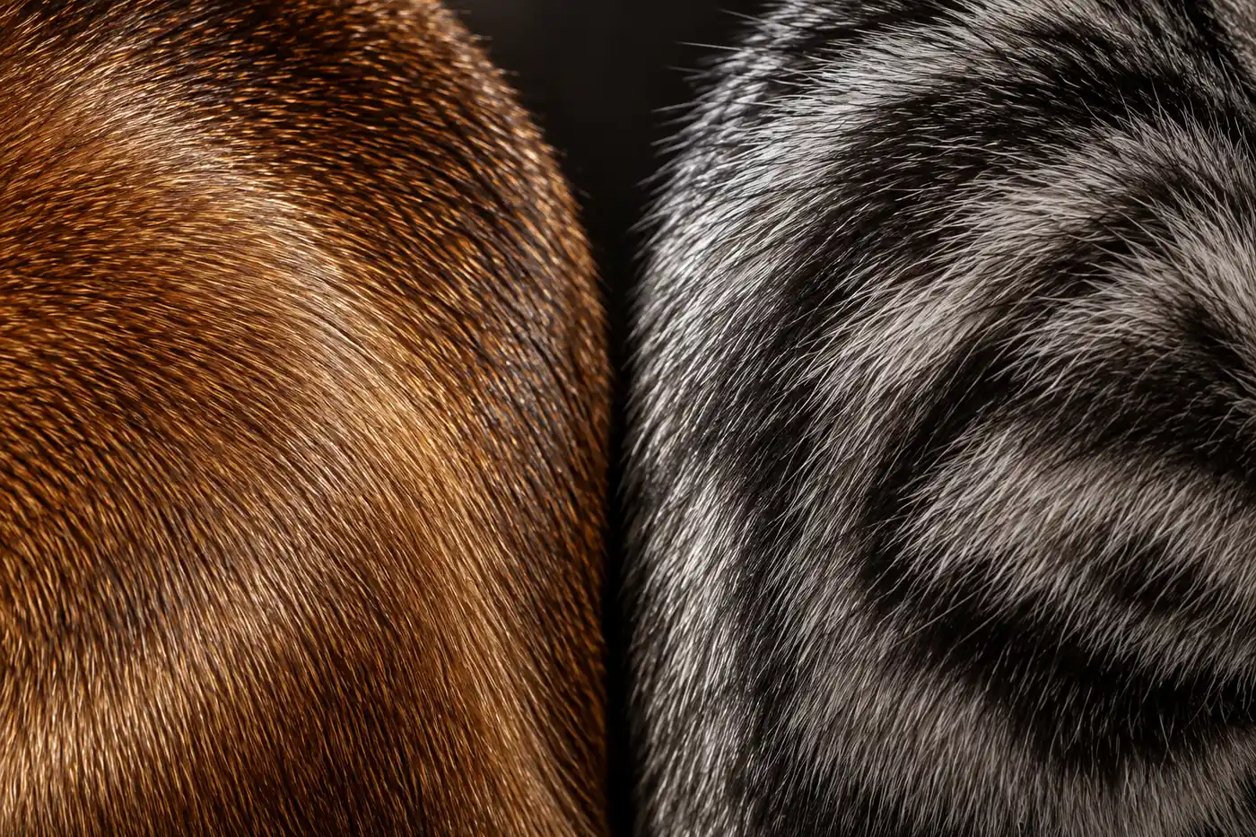 Close comparison of a ruddy ticked Abyssinian coat and a dense silver tabby American Shorthair coat