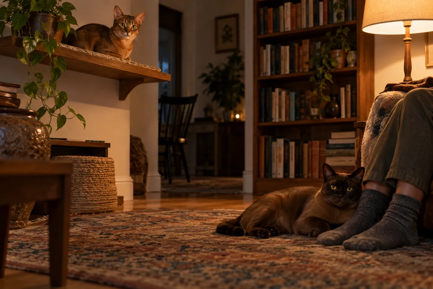 An Abyssinian watching from a high shelf while a Burmese rests against a seated person's legs in the same room