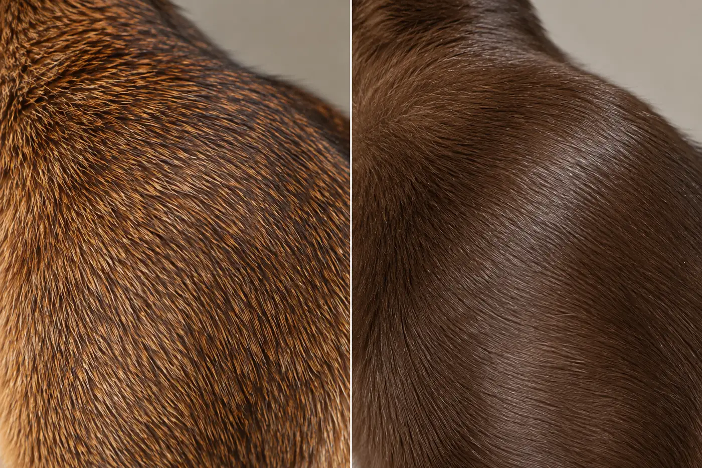 Close comparison of a ruddy ticked Abyssinian coat and a sable satin Burmese coat