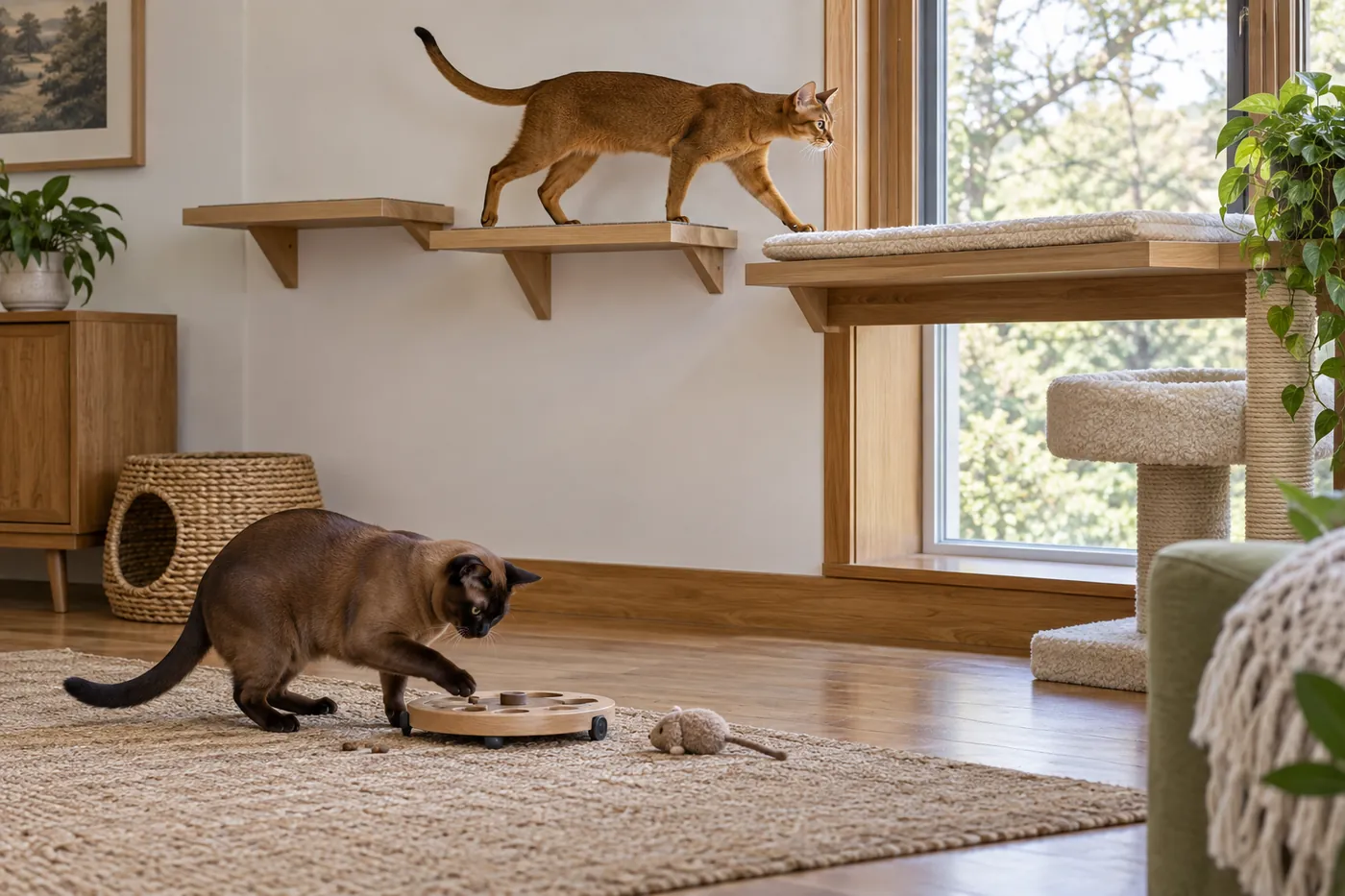 An Abyssinian using connected high shelves while a Burmese works a floor puzzle near an open play lane