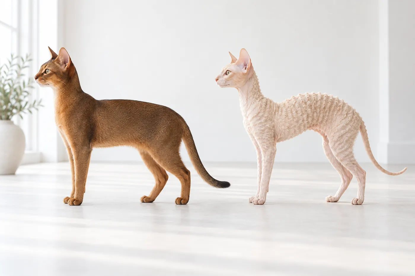 A ruddy Abyssinian and a cream Cornish Rex standing side by side on the same baseline