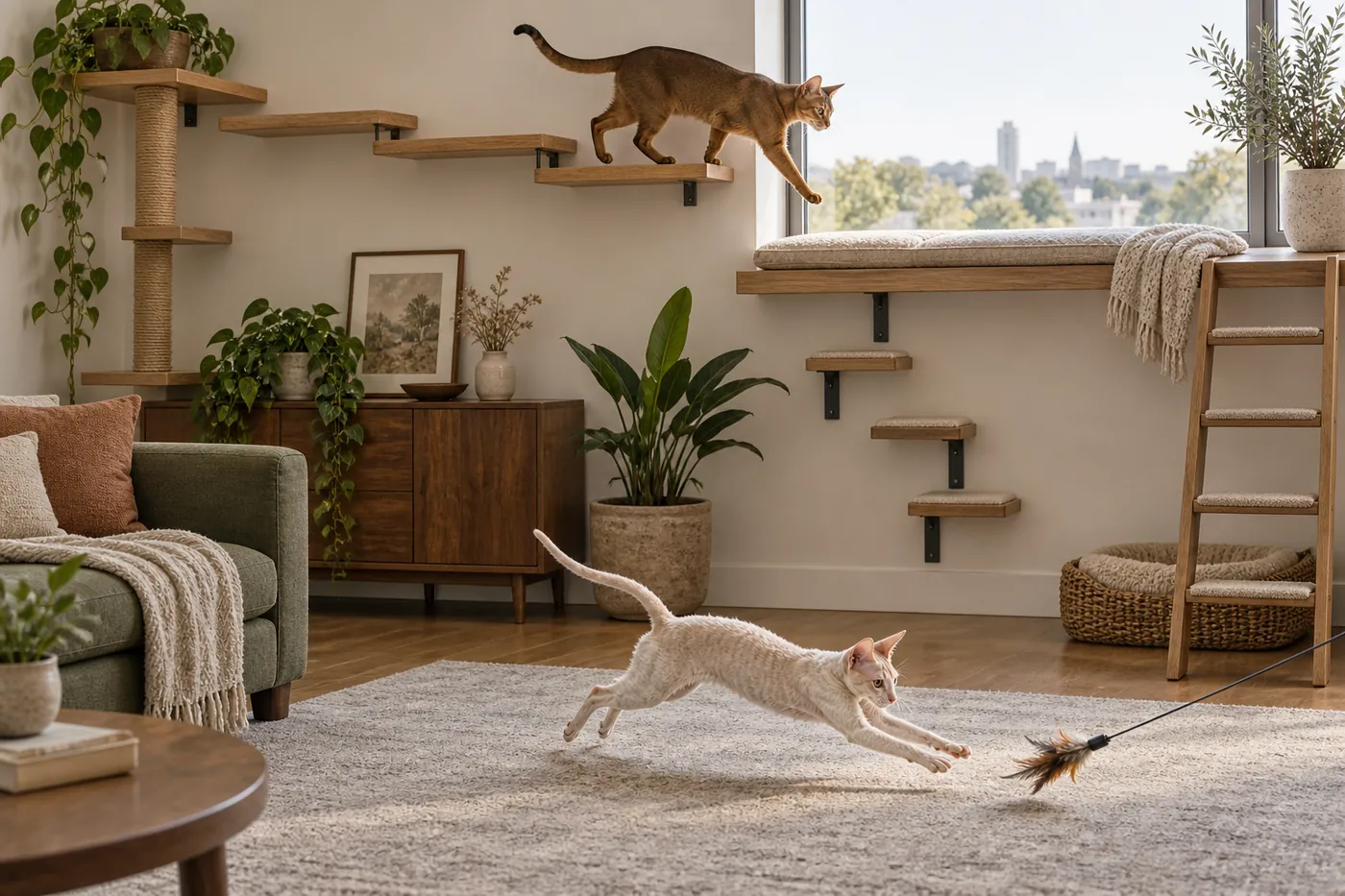 An Abyssinian moving across connected wall shelves while a Cornish Rex chases a toy across a clear rug below