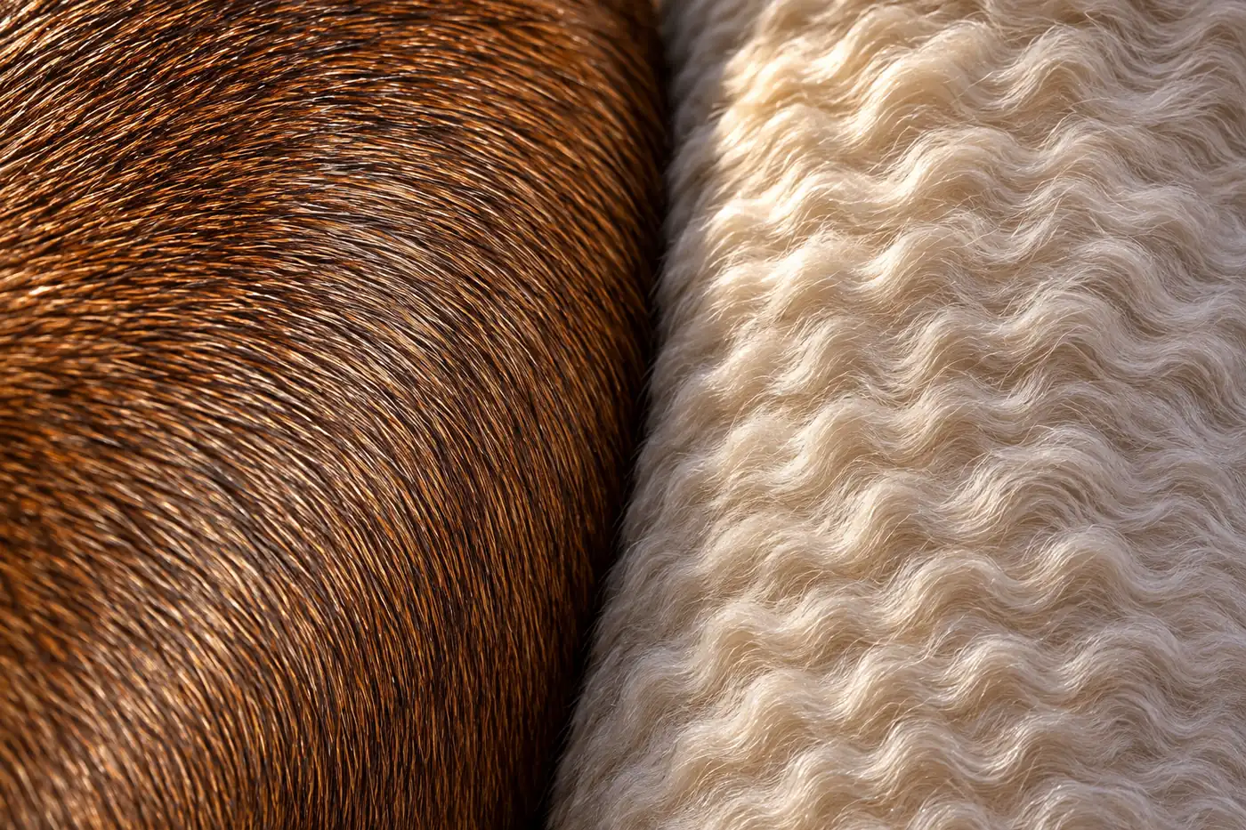 Close comparison of banded Abyssinian guard hairs and the tight guard-hair-free waves of a Cornish Rex coat