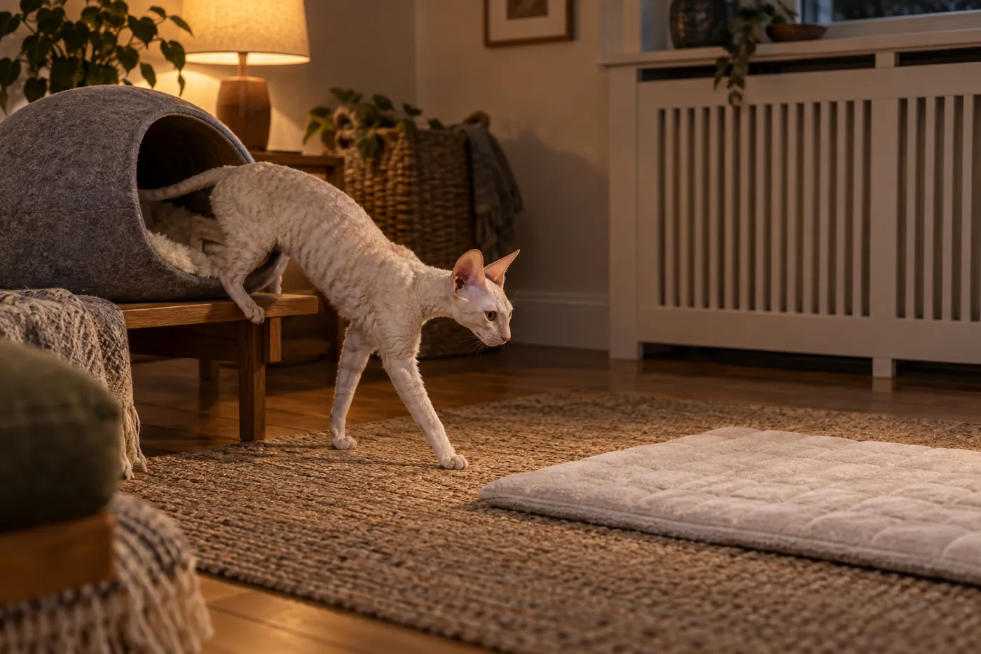 A Cornish Rex choosing between an enclosed warm bed and a cooler open resting mat in the same safe room