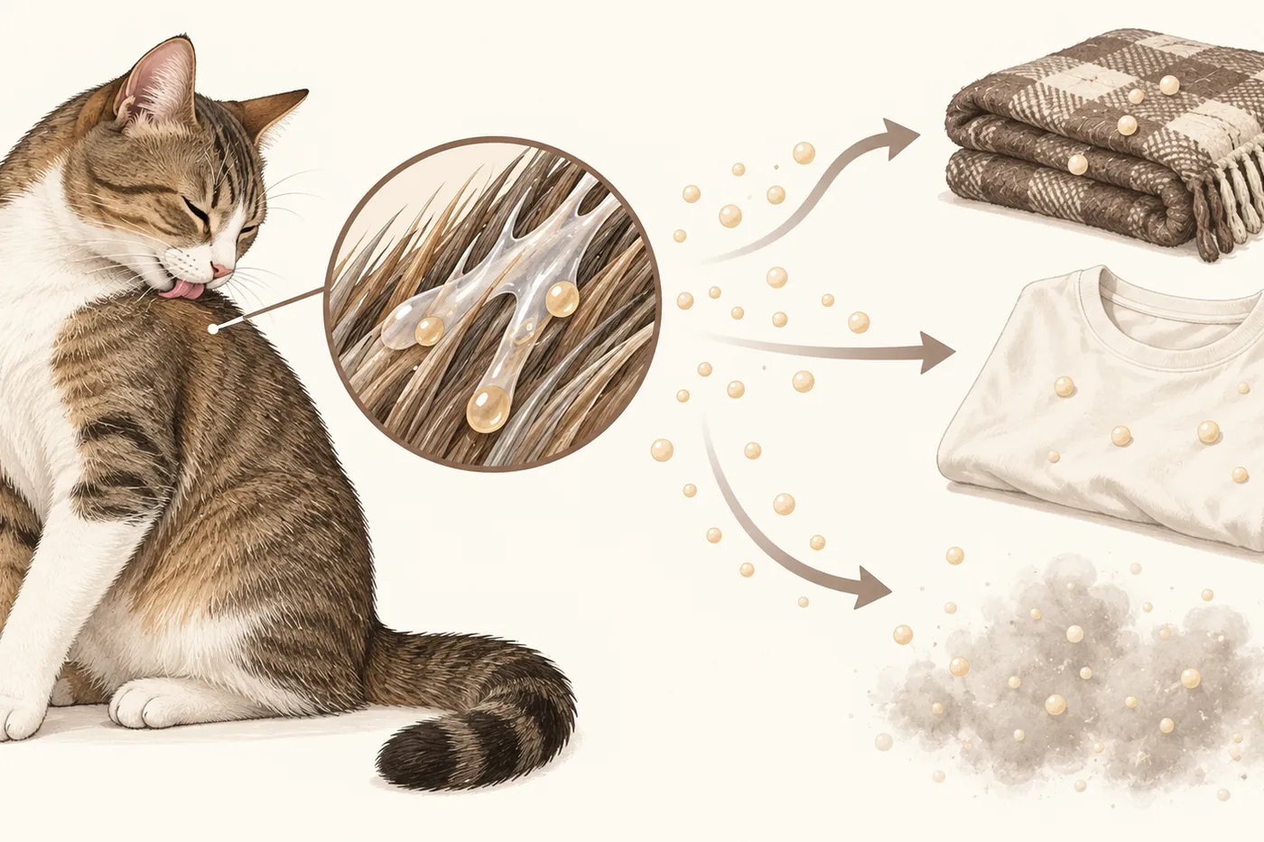 Raster diagram of allergen moving from a grooming cat to coat, bedding, clothing and household air
