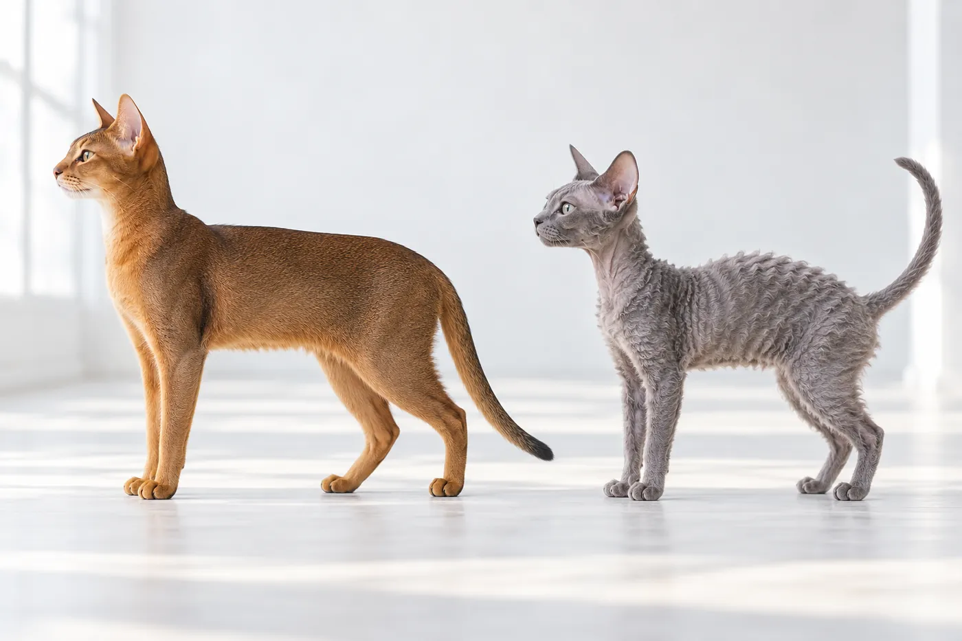 A ruddy Abyssinian and a blue Devon Rex standing side by side on the same baseline