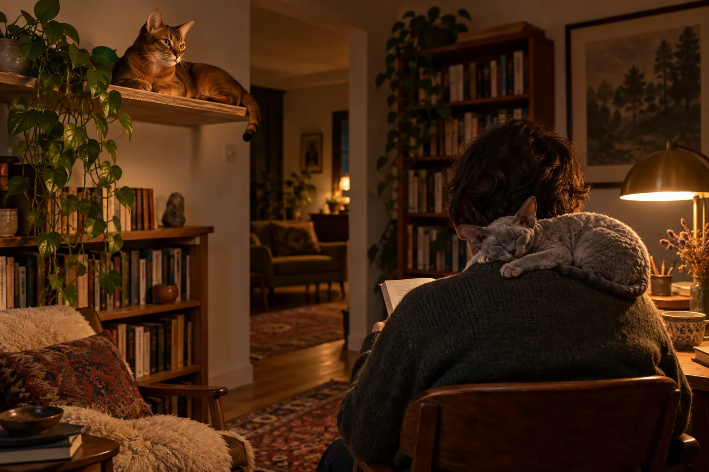 An Abyssinian resting on a high wall shelf while a Devon Rex curls across a seated person's shoulder in the same room