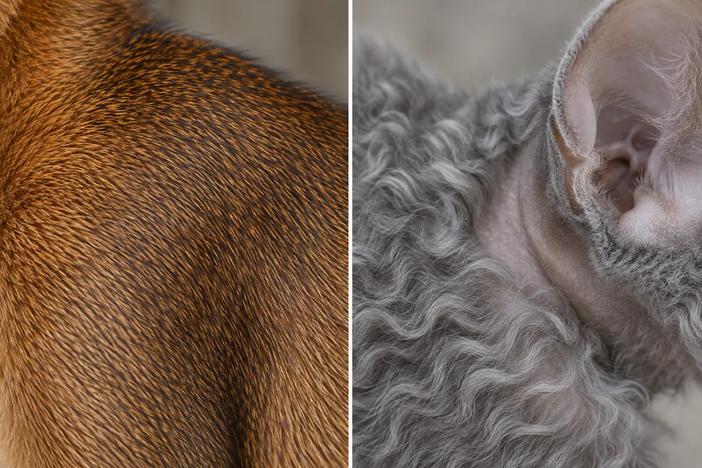 Close comparison of a ticked Abyssinian coat and the loose fine waves beside a clean outer ear on a Devon Rex