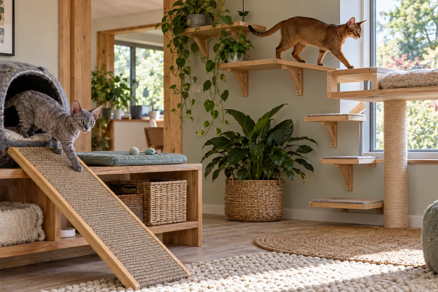 An Abyssinian crossing secure high shelves while a Devon Rex uses a warm low bed beside a grippy step-down route