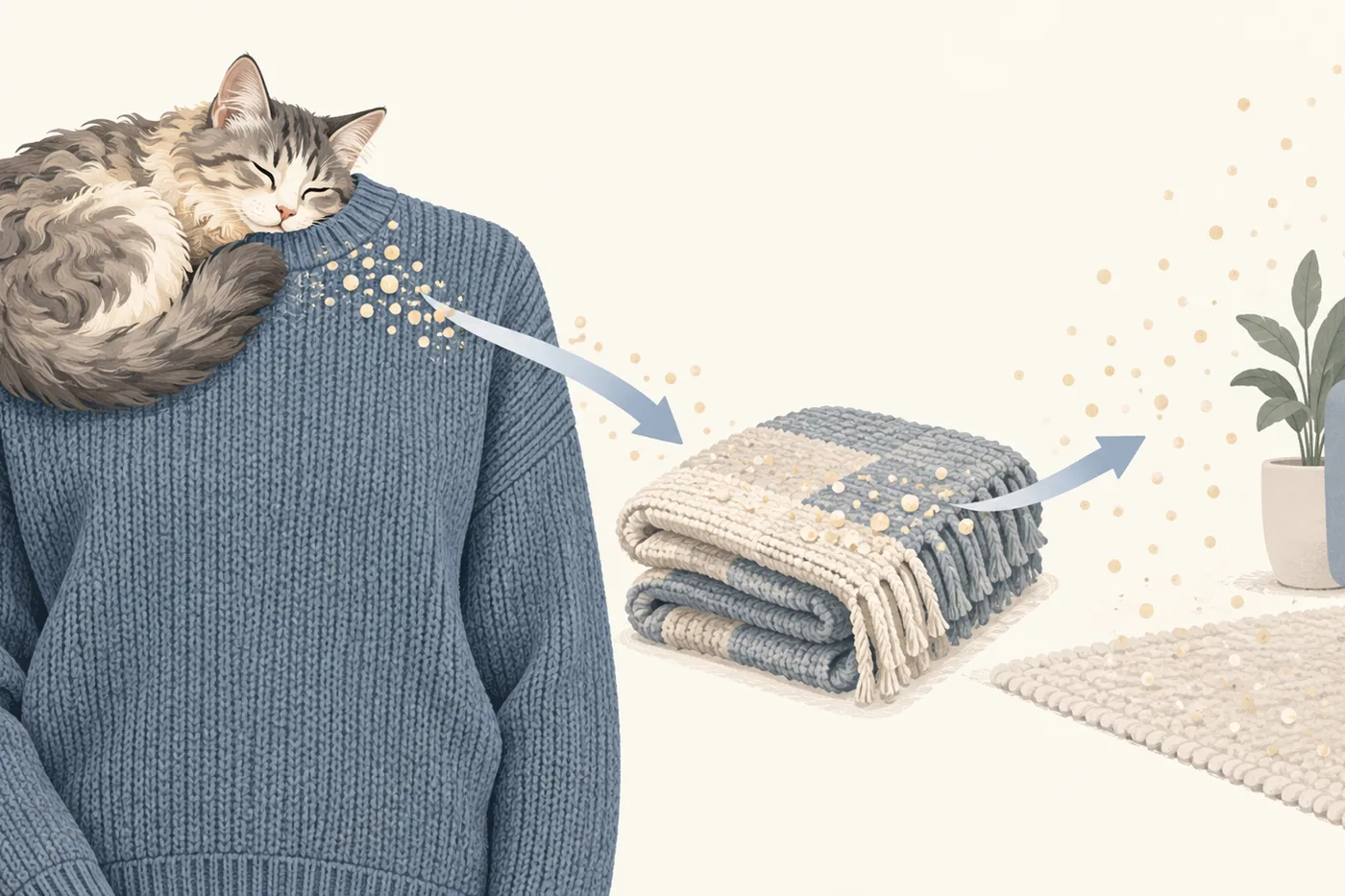 Raster diagram of allergen transferring from a close-contact Devon Rex to clothing, a blanket and surrounding room dust