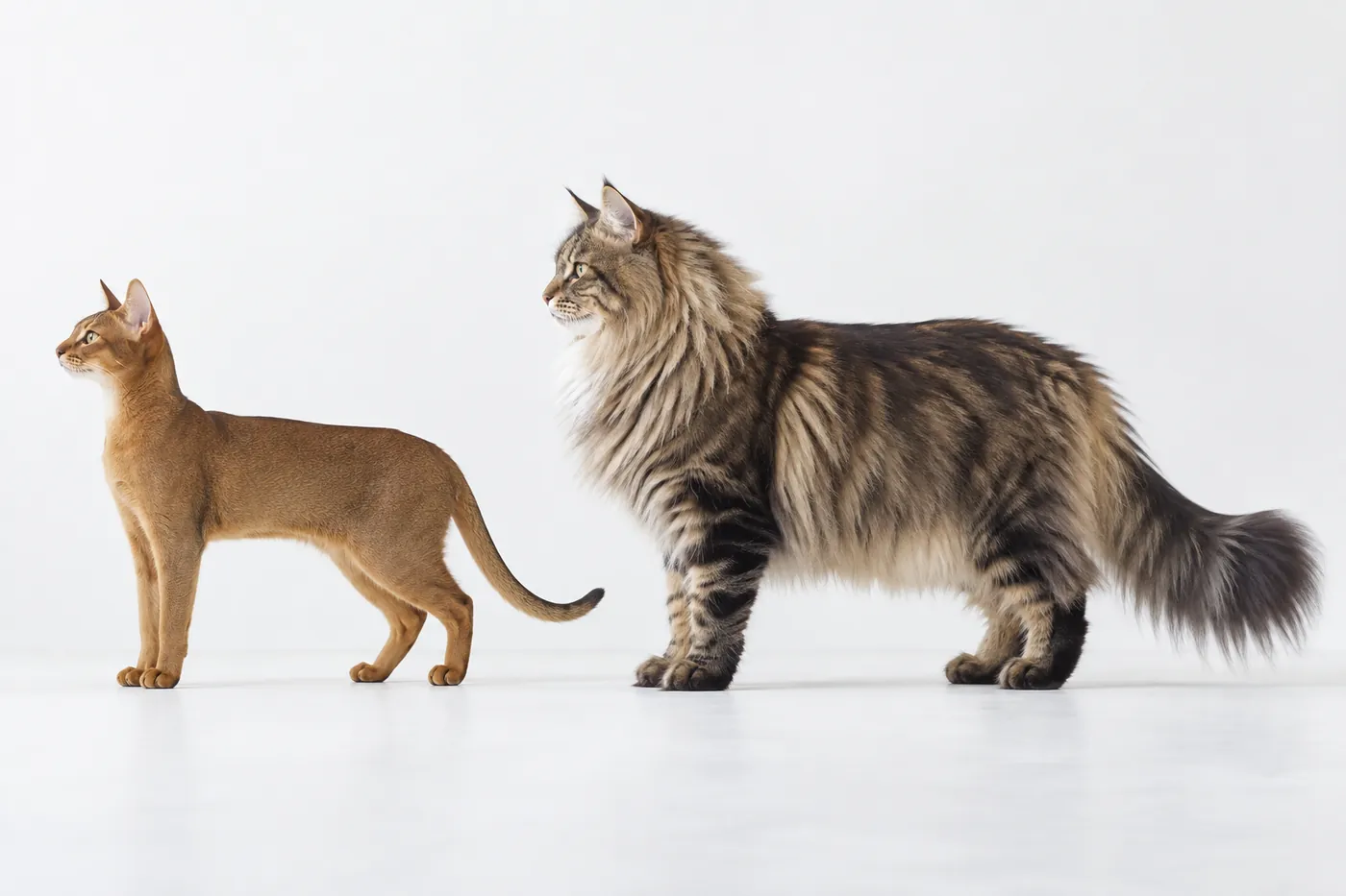 A ruddy Abyssinian and a brown tabby Norwegian Forest Cat standing in side profile on the same baseline