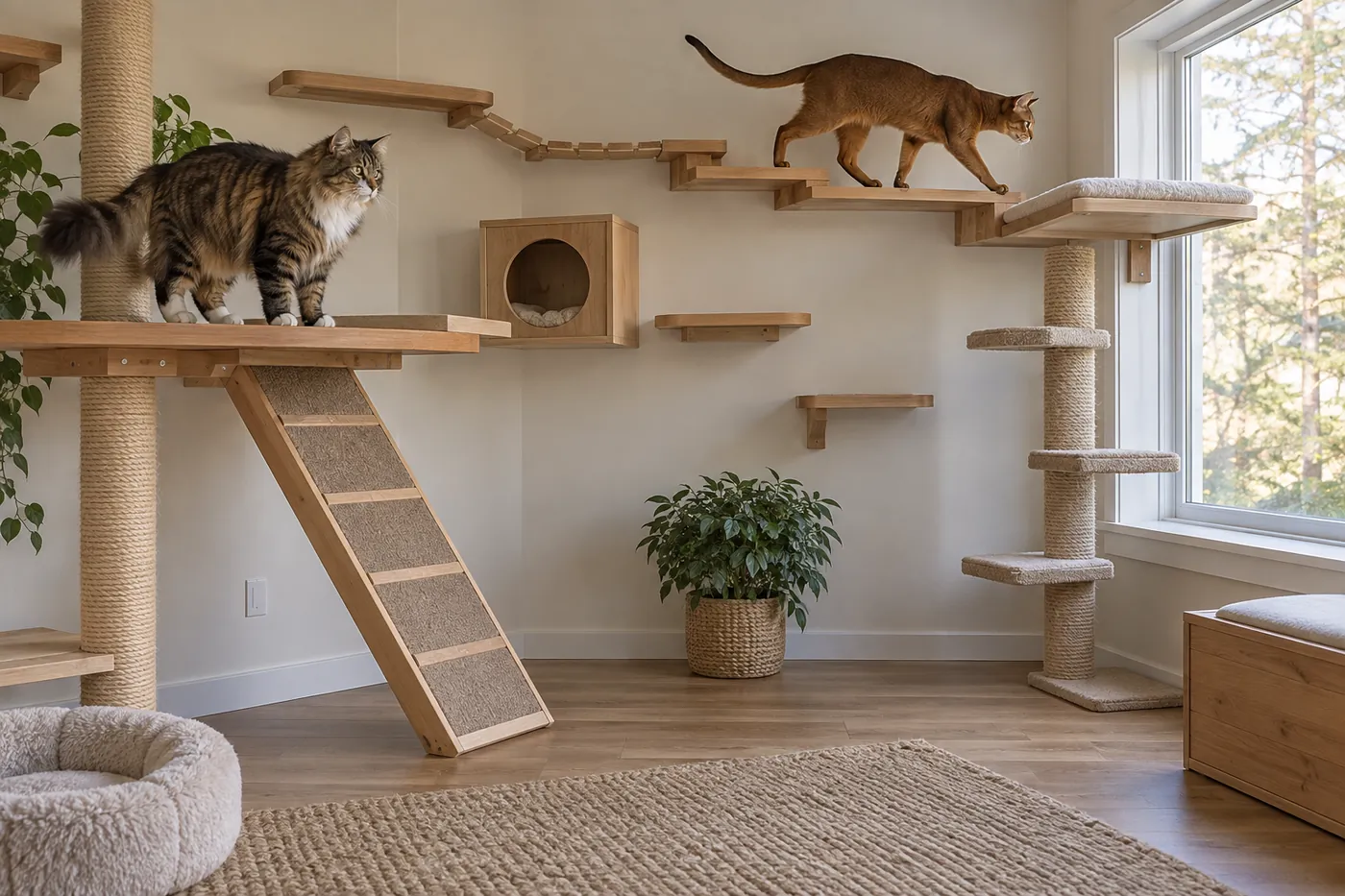 An Abyssinian crossing connected upper shelves while a Norwegian Forest Cat uses a broad reinforced platform and wide descent in one room