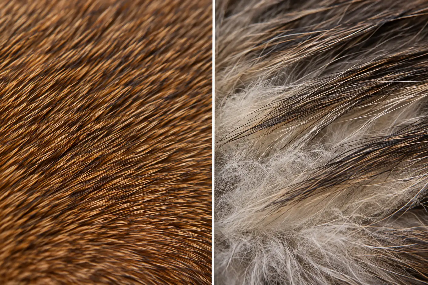 Close comparison of a ruddy ticked Abyssinian coat and layered brown tabby Norwegian Forest Cat fur
