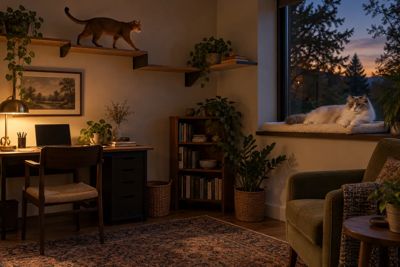 An Abyssinian moving across connected wall shelves while a RagaMuffin rests on a wide cushioned window platform in the same room
