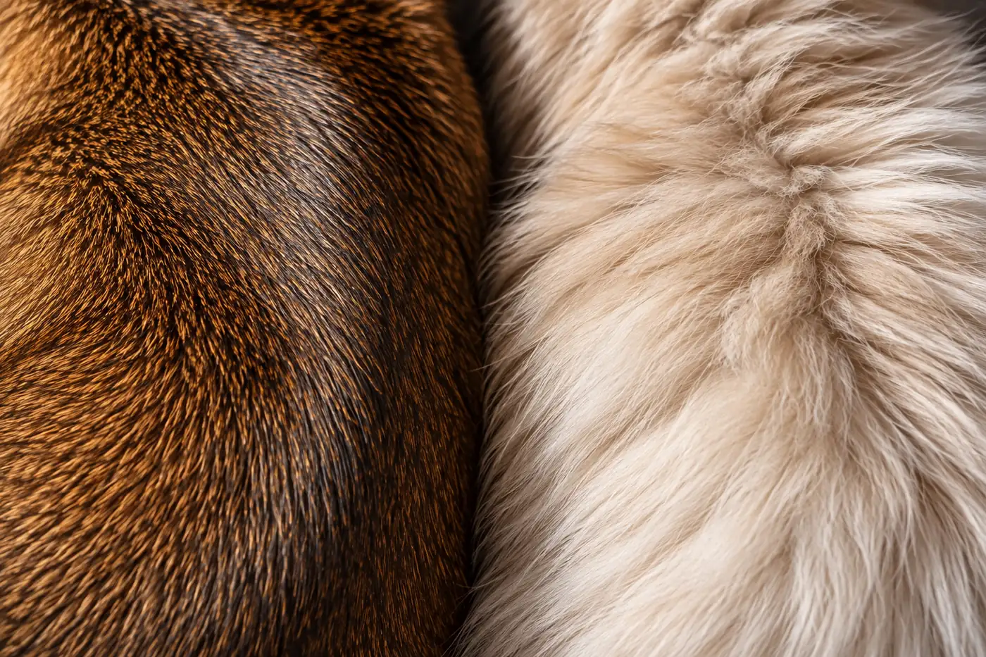 Close comparison of a ruddy ticked Abyssinian coat and a plush cream RagaMuffin coat