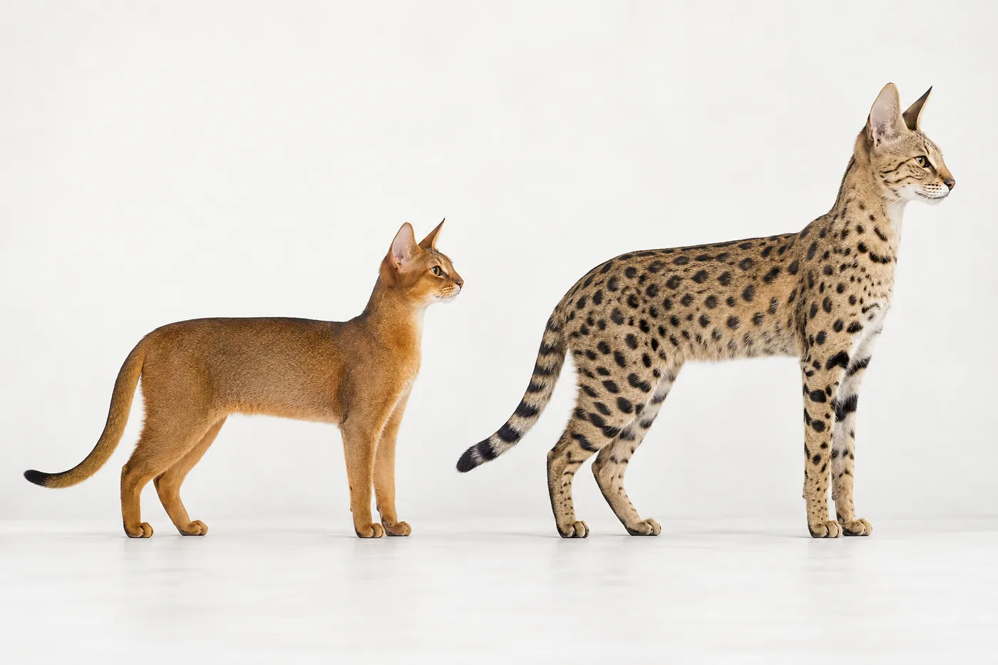 A ruddy Abyssinian and a brown spotted Savannah standing in side profile on the same baseline