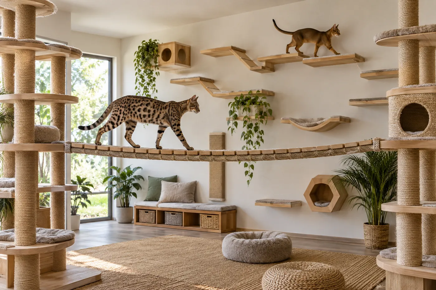 An Abyssinian using connected wall shelves while a spotted Savannah crosses a broad reinforced climbing route in a secure room