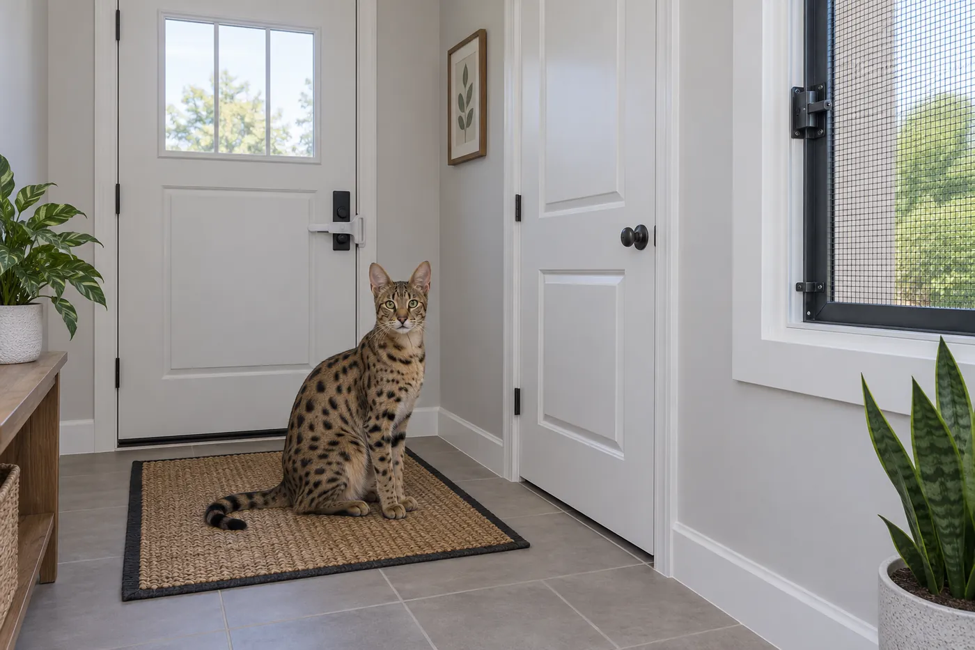 A secure home entry with a closed interior buffer door, latched window screen and cat waiting on a reward mat