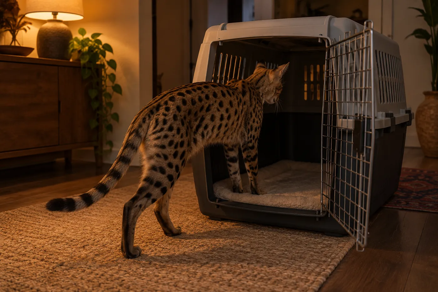 A tall spotted Savannah stepping into a large open carrier on its own, with no hand on it