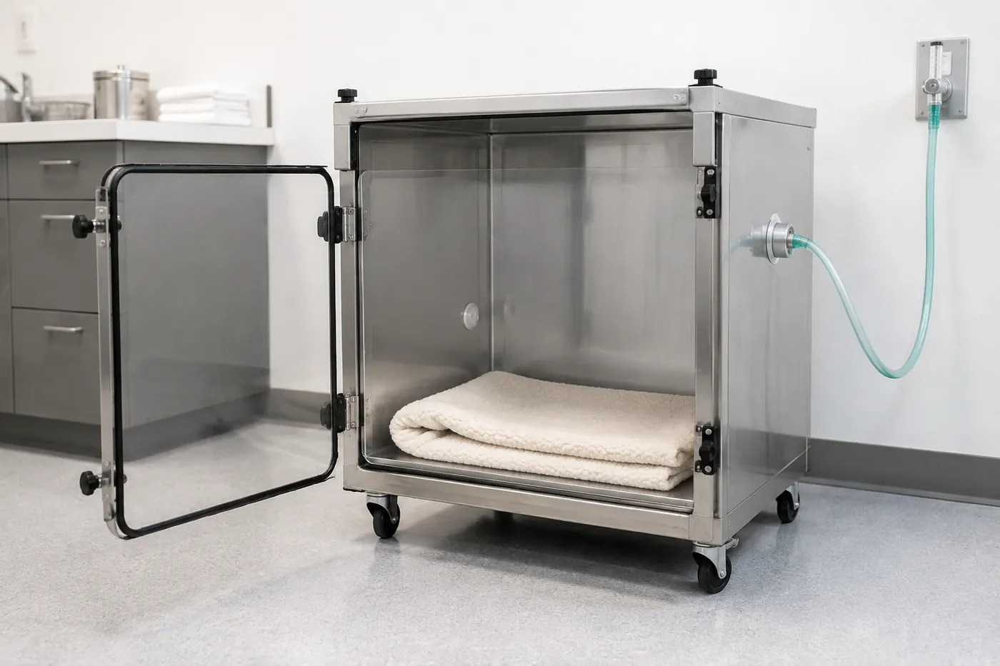 A clear-fronted veterinary oxygen kennel with a folded blanket inside