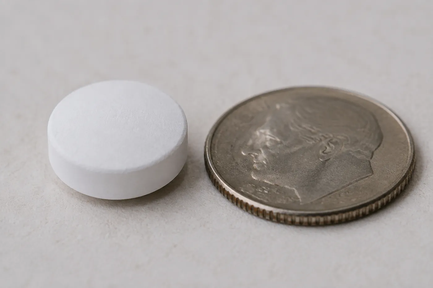 A single white tablet beside a one pound coin for scale