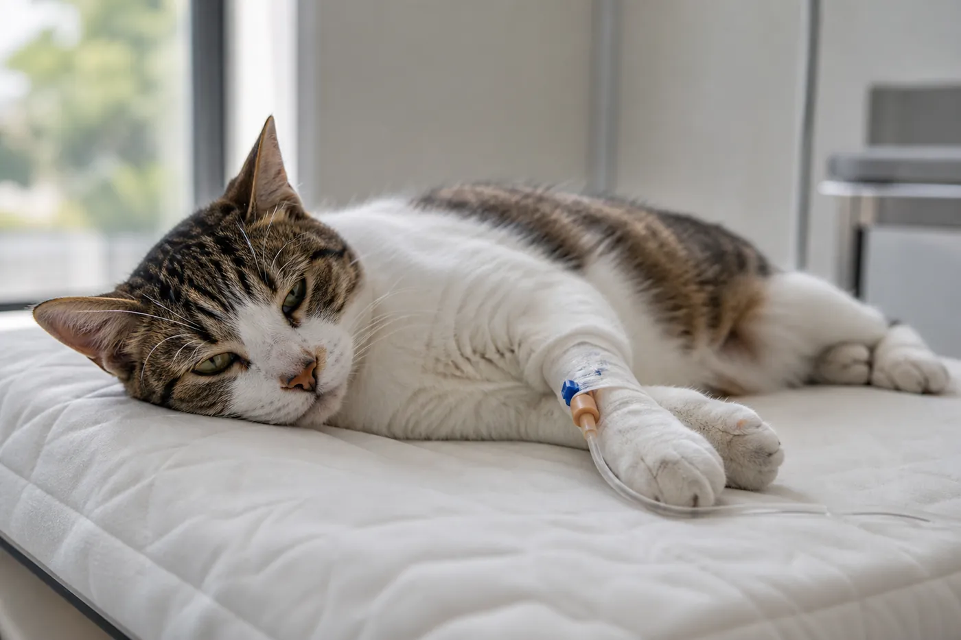 A cat lying still on a clinic table with an intravenous line in a front leg