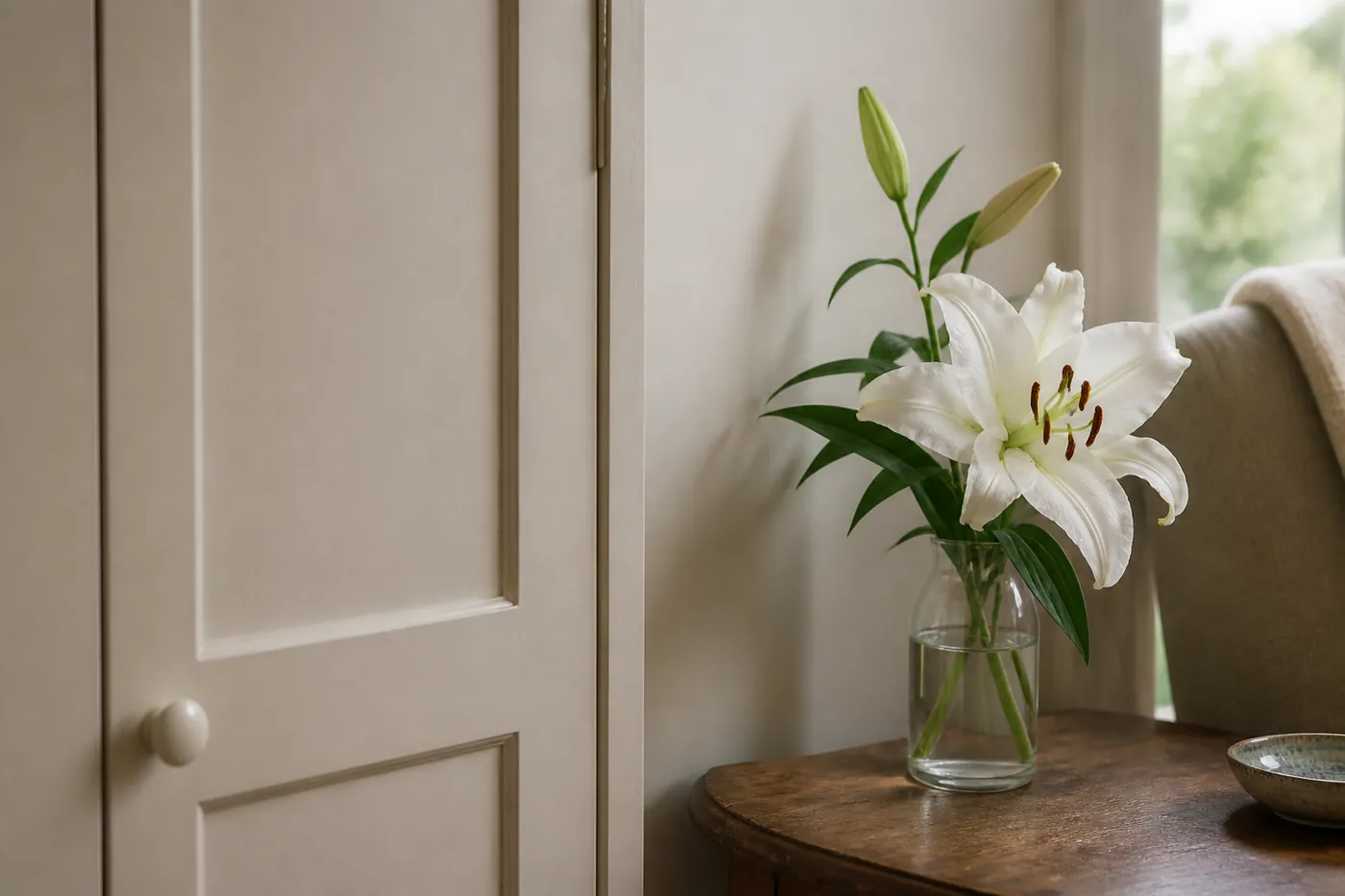 A lily in a vase beside a closed cupboard holding household chemicals