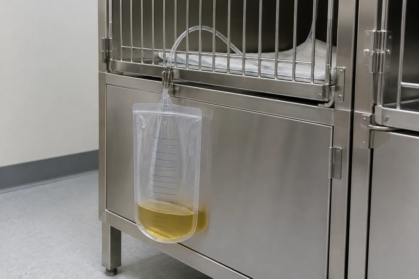 A urinary catheter bag hanging beside a hospital kennel