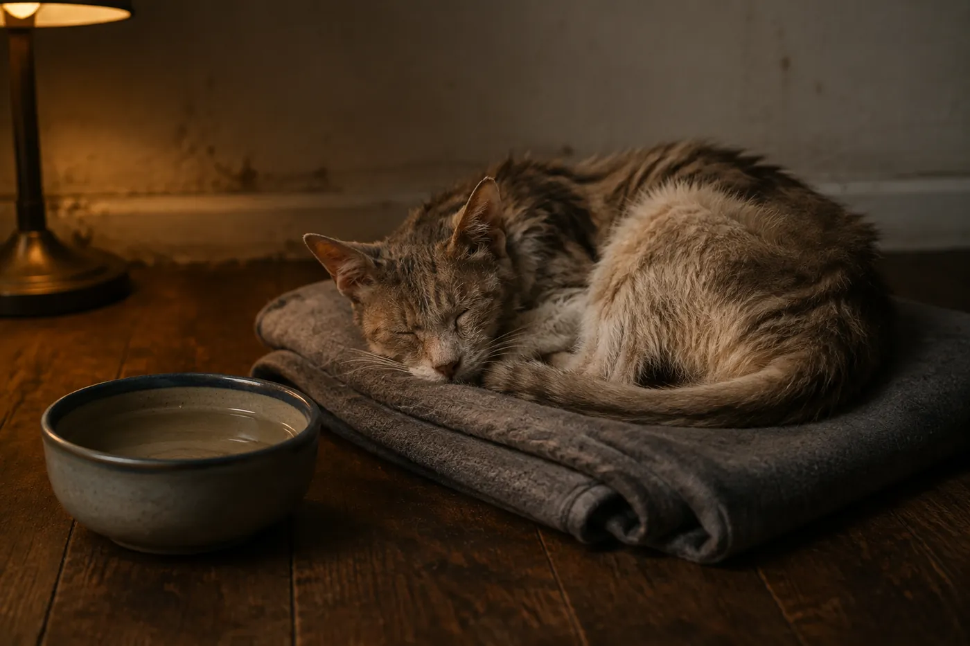 An older cat asleep on a folded blanket beside a water bowl