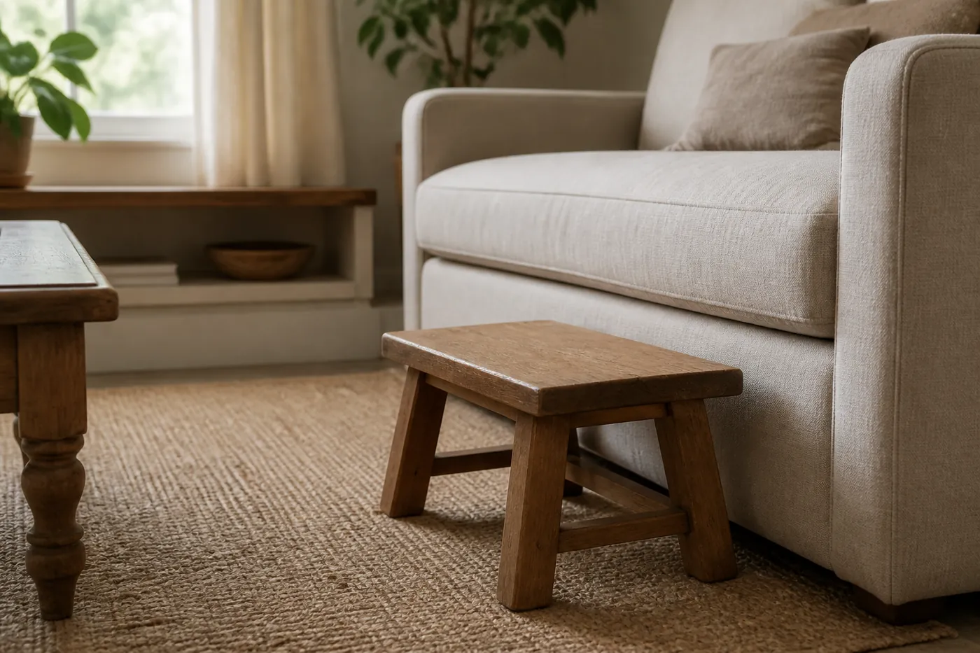 A low wooden step placed against the side of a sofa in a living room