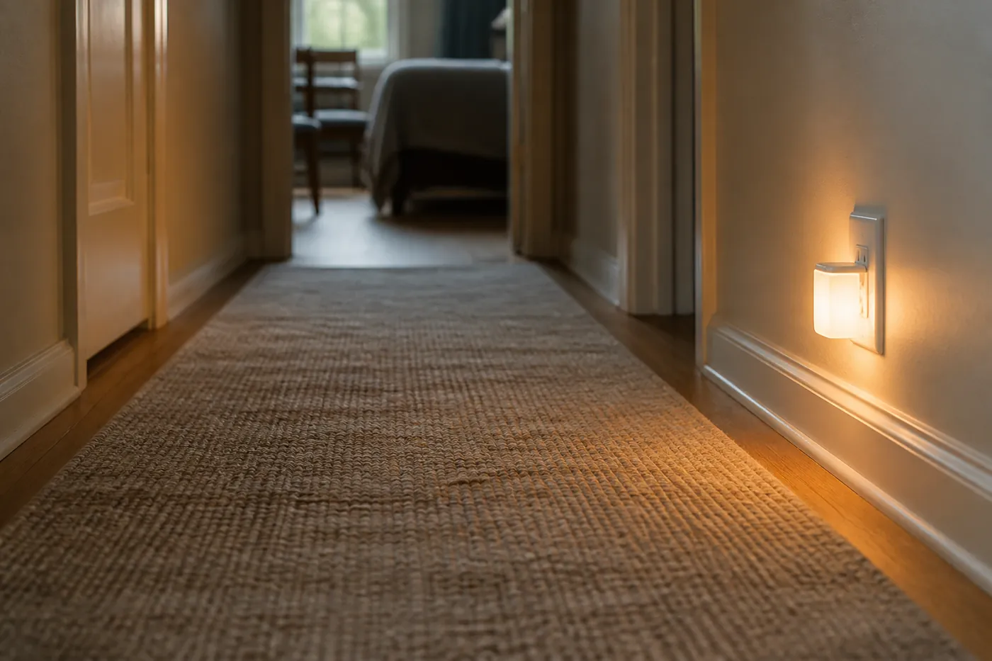 A non-slip runner laid along a hard floor with a small night light at skirting level