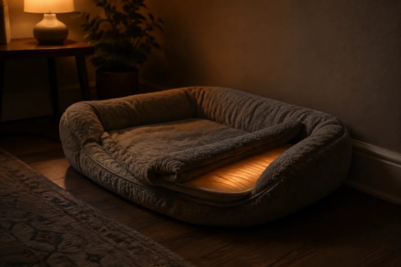 A heated pet bed on the floor against a wall out of a draught