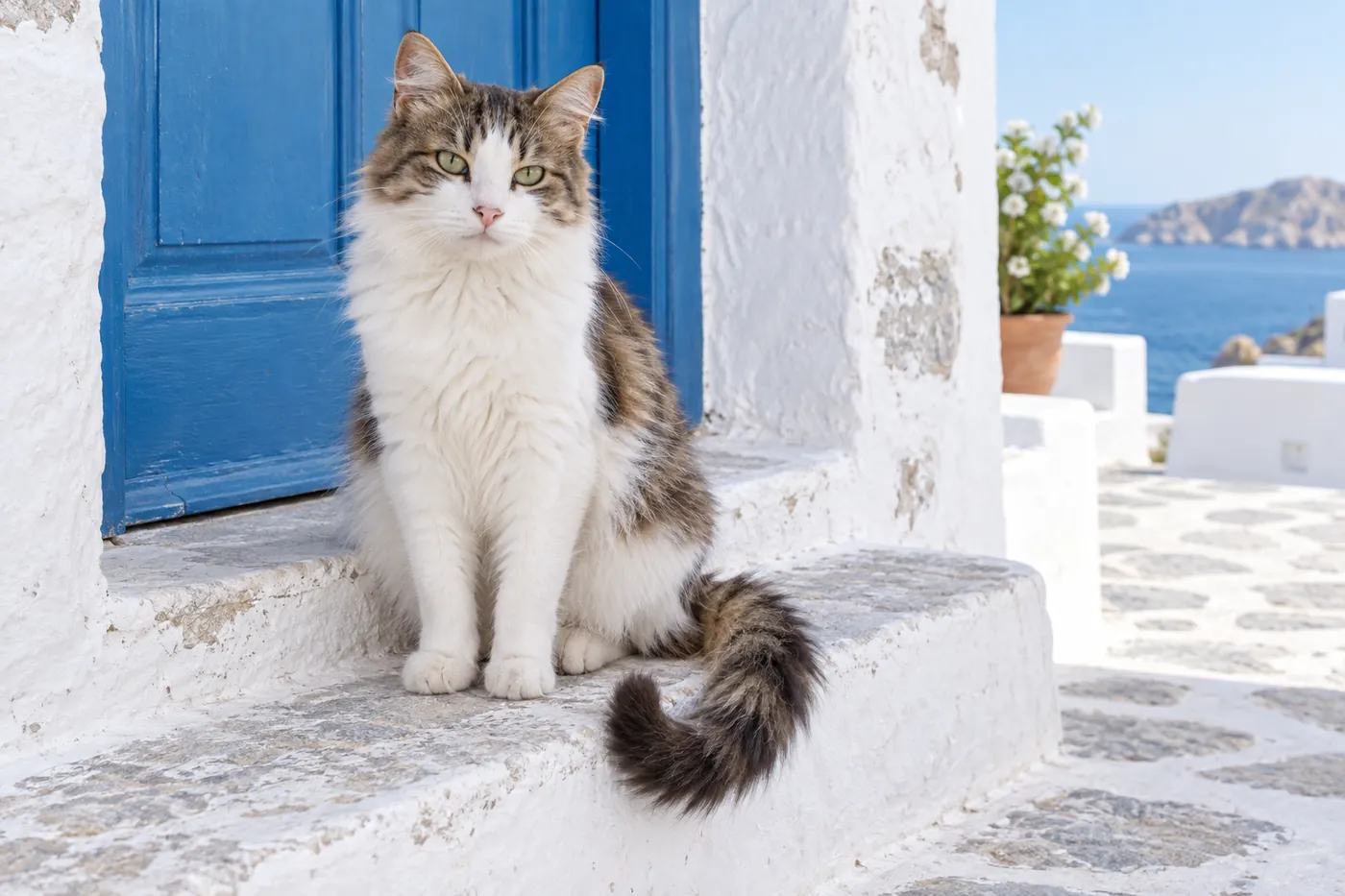 A semi-longhaired white-and-tabby cat sitting on a whitewashed stone doorstep beside a blue painted door frame