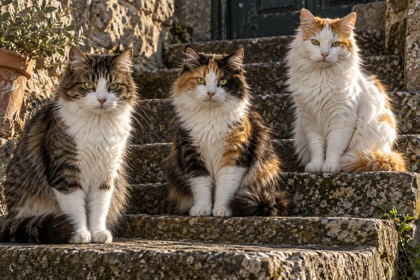 Three semi-longhaired cats on stone steps at equal scale with very different distributions of white, tabby and ginger