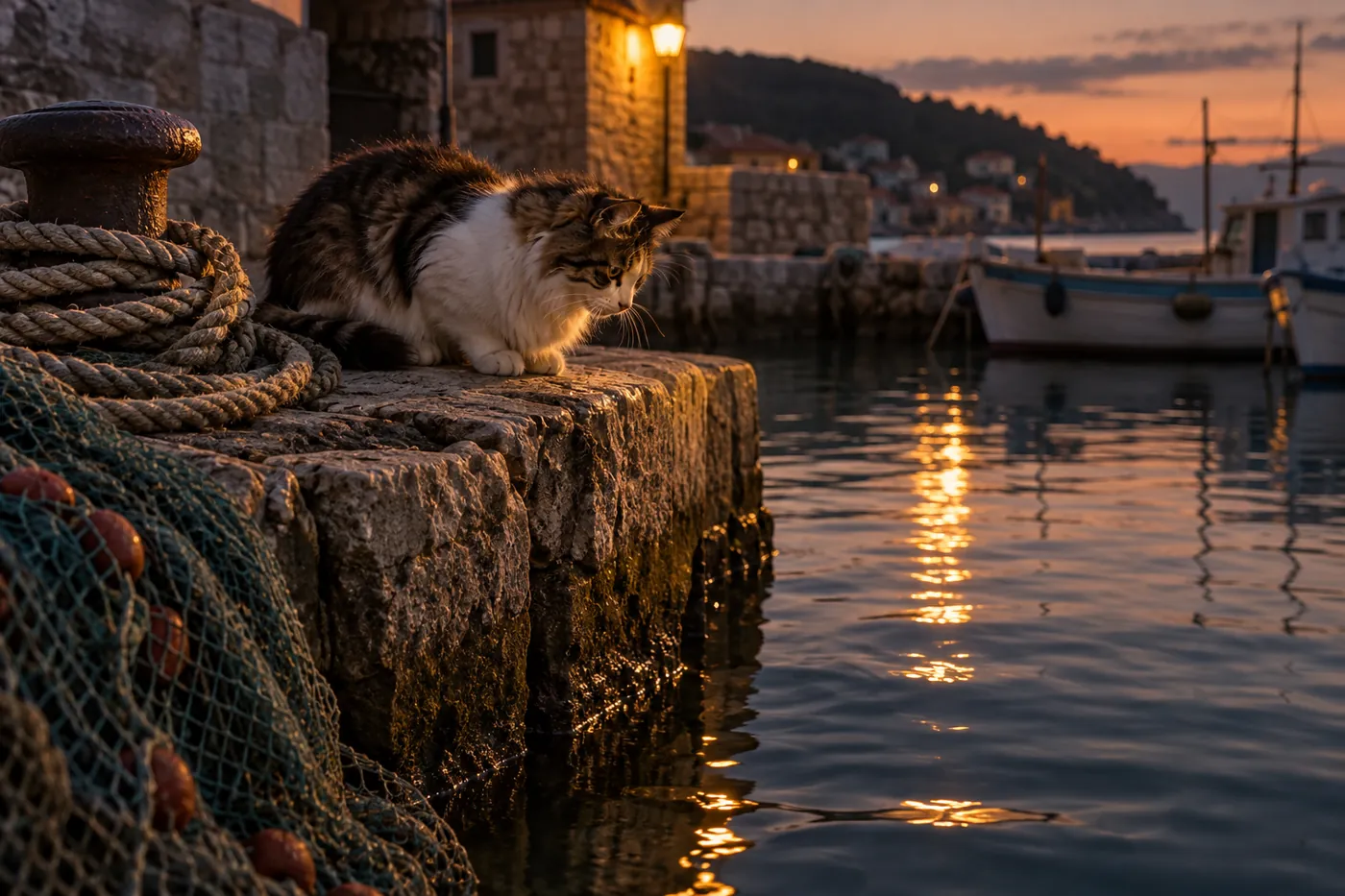 A semi-longhaired white-and-tabby cat crouched at the stone edge of a fishing quay at dusk beside coiled rope and a folded net