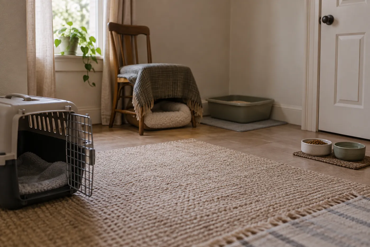 A quiet spare room prepared for a new cat with an open carrier, a covered bed, a litter tray in the far corner and food and water well away from it