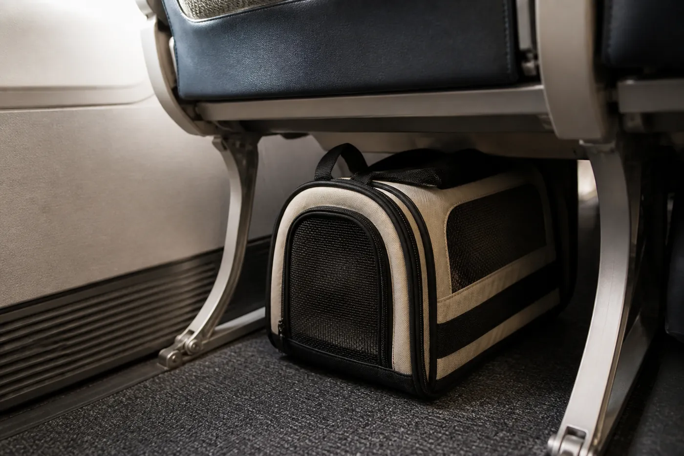 A soft-sided carrier positioned under an aircraft seat with room to spare