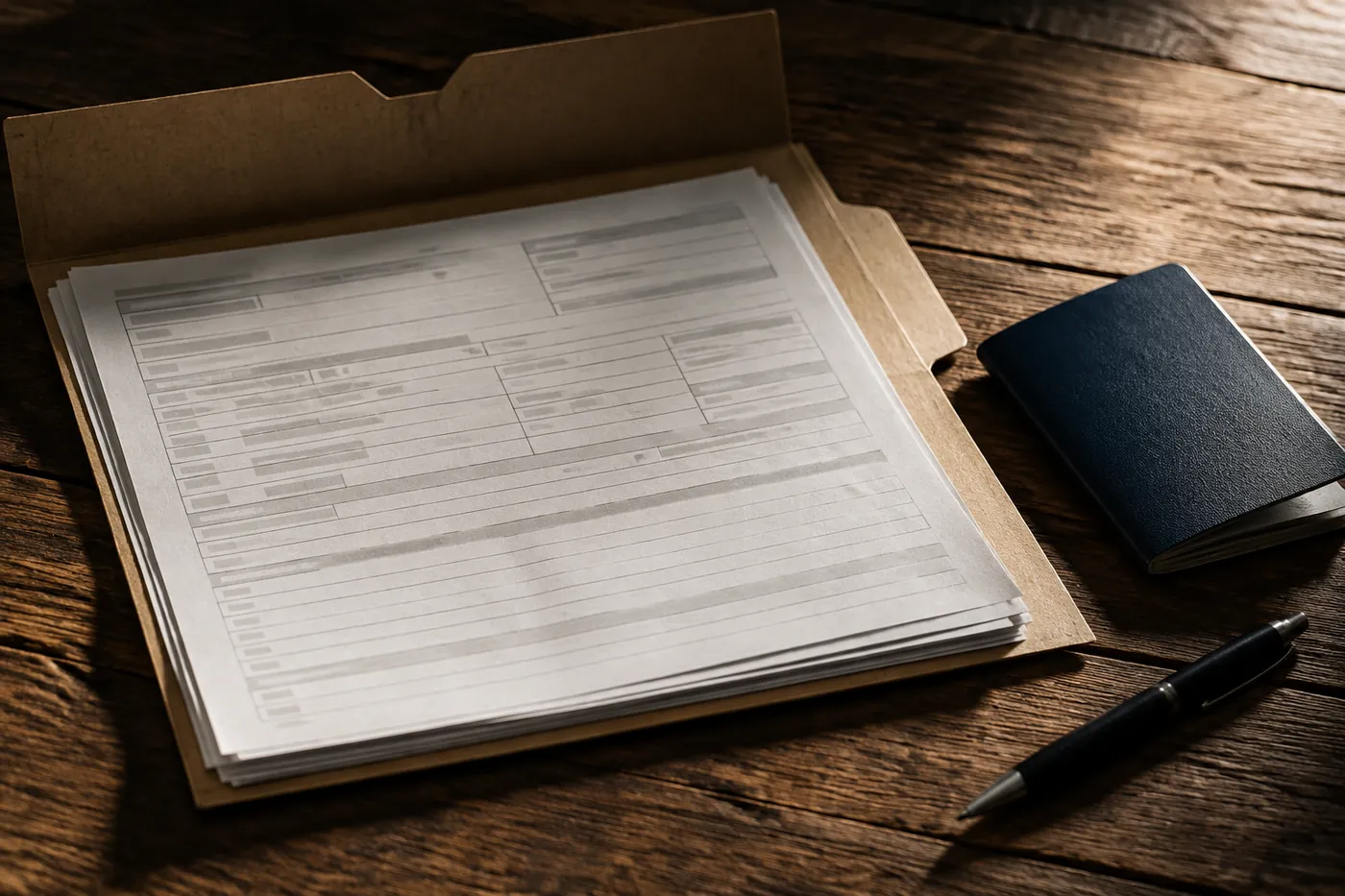A folder of veterinary paperwork and a passport on a desk