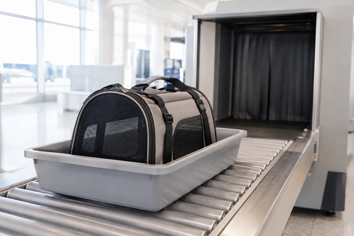 An airport security tray with a soft carrier on the belt