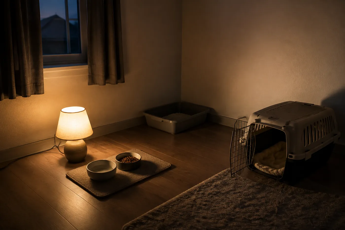 A quiet room set up with a tray, bowls and a carrier after arrival