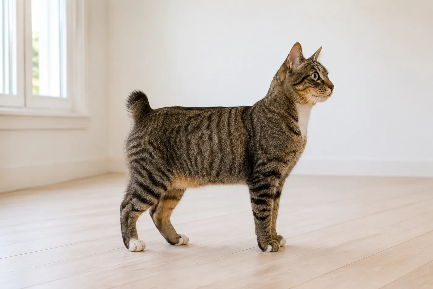 An alert short-tailed cat standing side on against a plain pale floor with its tail carried above the line of its back