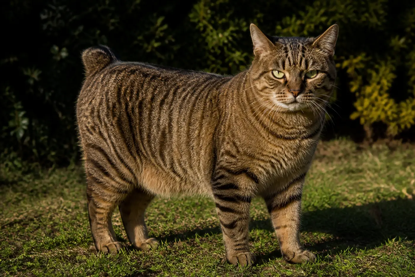 A heavy short-tailed cat standing square on rough grass with all four feet planted